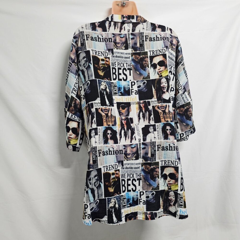 John Mark Women Graphic Button Up Collared Top Blouse Shirt Size L Deep Slits - Picture 8 of 13